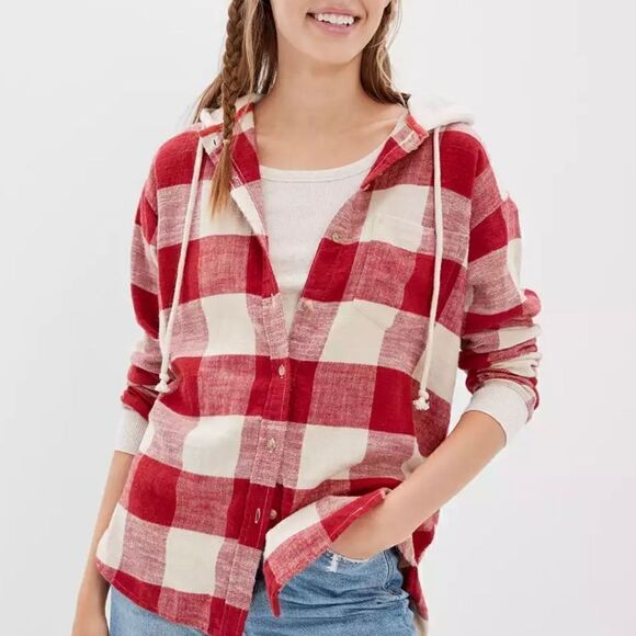 American Eagle Oversized Hoodie button up red checkered  Flannel M - Picture 2 of 16